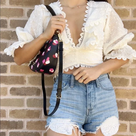 Kate Spade Staci Flutter Heart Half Moon Shoulder Bag Crossbody Black Pink - Picture 5 of 6